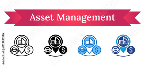 Asset Management Multi Style Icon - Gear with house, car, and pin symbols representing optimized asset and location management