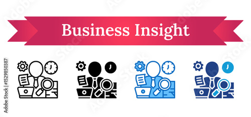 Business Insight Multi Style Icon - Business person surrounded by documents, clock, and magnifier, representing time-efficient decision-making