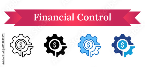 Financial Control Multi Style Icon - Gear with magnified dollar symbol showing optimized financial tracking and budgeting