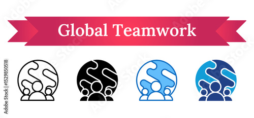 Global Teamwork Multi Style Icon - People in front of a globe, representing collaborative global productivity