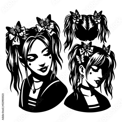 A black vector illustration of a 90s girl with butterfly hair clips.
