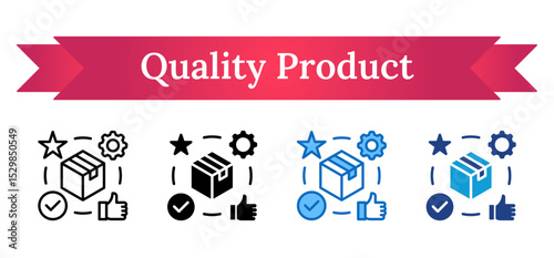 Quality Product Multi Style Icon - Package with star, checkmark, gear, and like symbolizing high-quality and efficient product delivery