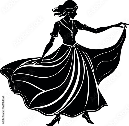 Silhouette of woman spinning with long dress on white background