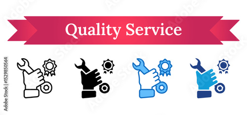 Quality Service Multi Style Icon - Hand with wrench and badge representing high-quality, efficient maintenance or technical service