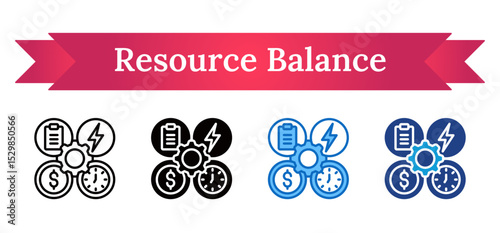 Resource Balance Multi Style Icon - Gear linked to money, energy, and time symbols showing efficient use of key resources