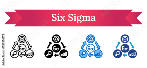 Six Sigma Multi Style Icon - Six Sigma with arrows, gear, and analysis chart showing process improvement and quality control for optimal efficiency