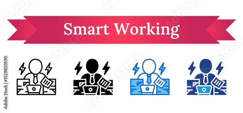 Smart Working Multi Style Icon - Worker with lightning icons and gear showing high-performance and efficient multitasking