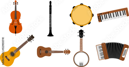 Music instruments illustration: cello, clarinet, tambourine, keyboard, ukulele, banjo, accordion set editable stock vector illustration