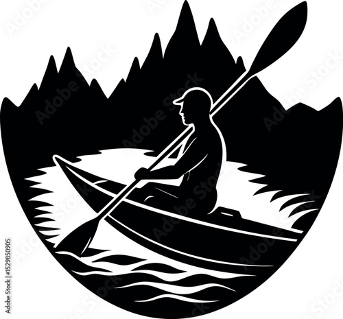 Silhouette of person kayaking in river on white background