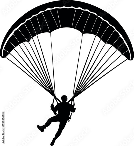 Silhouette of person paragliding in the sky on white background