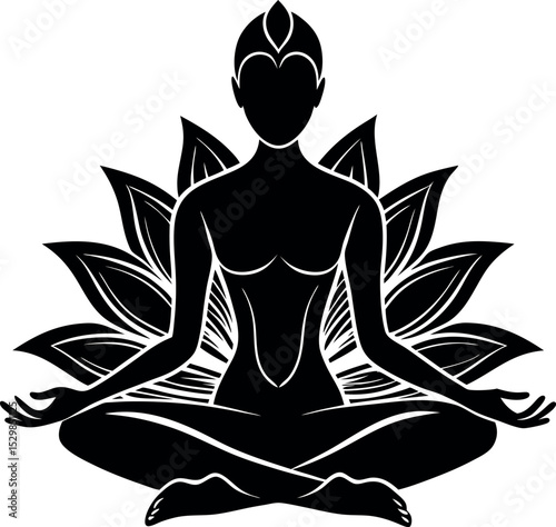 Silhouette of person sitting in lotus pose on white background