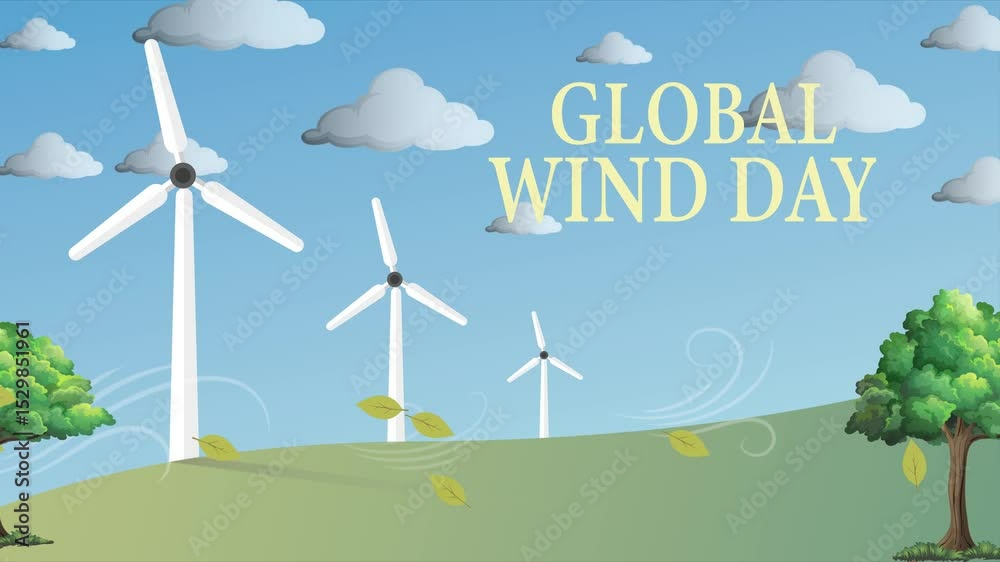 Global Wind Day celebration with wind turbines and leaves blowing