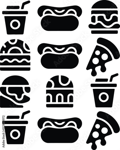 Silhouette vector set of fast food icons with burger pizza hotdog and drink designs