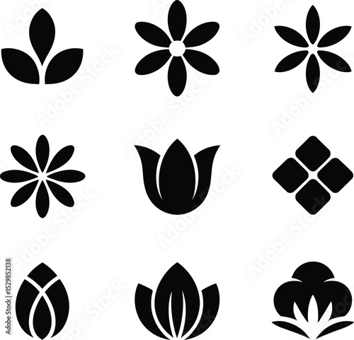 Silhouette vector set of decorative floral icons with flower shapes and petal designs
