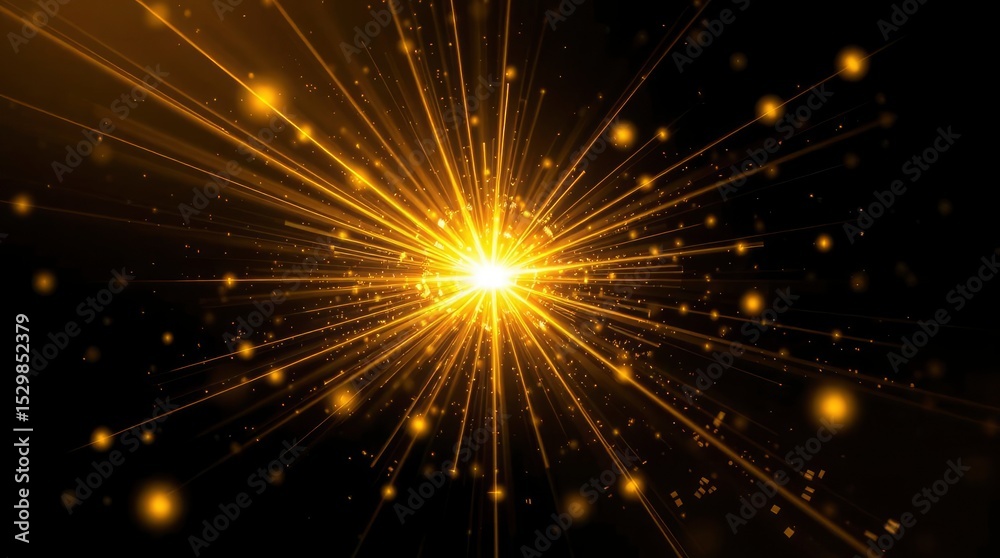 Obraz premium A central bright light emits golden beams and particles against a dark backdrop