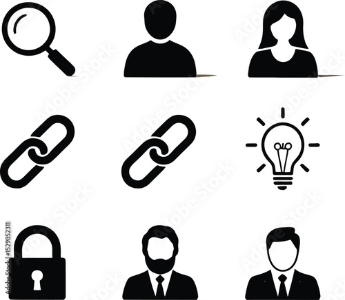 Silhouette vector set of business people security link idea and search icons set
