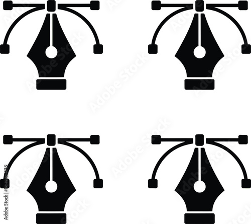 Silhouette vector set of digital pen tool icons with curve handles for graphic design
