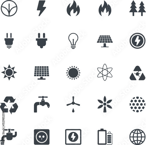 Silhouette vector set of energy environment and eco icons including solar and power
