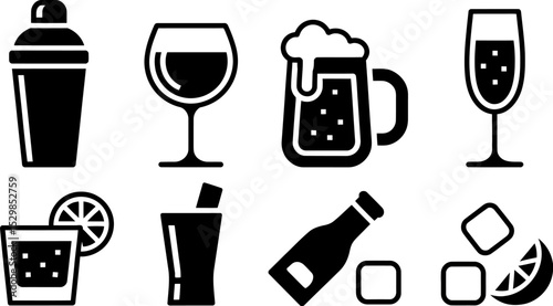 Cocktail shaker wine beer champagne drink juice bottle ice lemon vector icon graphic illustration editable stock vector illustration