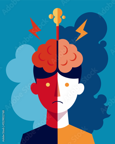 Splitting headaches as the brain grapples with opposing ideas and beliefs.. Vector illustration