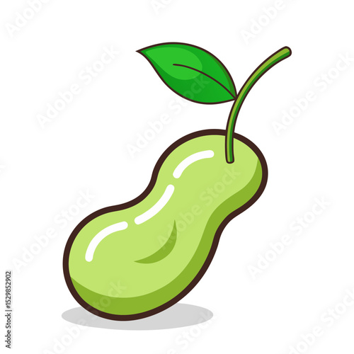 Cartoon image of a light green fruit resembling a bean with leaf