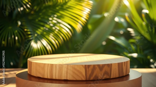 A wooden round platform sits amid blurred palm trees highlighted by sunlight