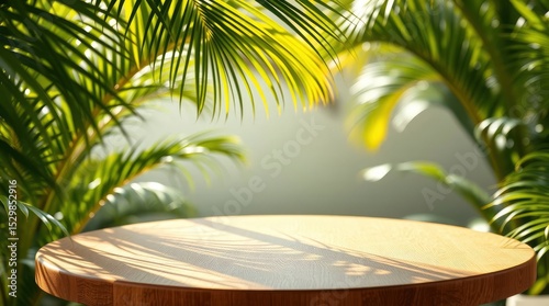 A wooden round table stands amidst vibrant green palm leaves against a neutral backdrop