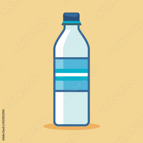 Illustrated Water Bottle with Blue Cap and Label Against Beige Background