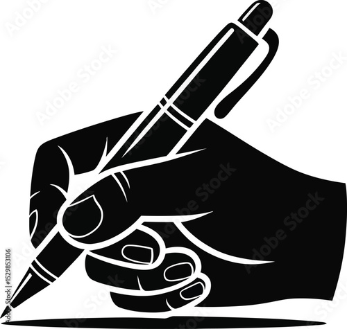 Silhouette vector of human hand holding pen and writing in black and white style
