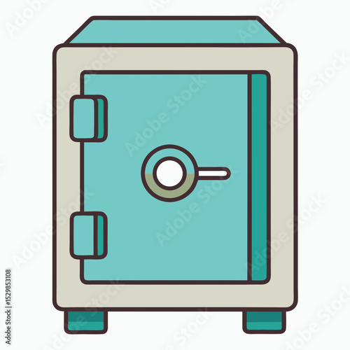 Cartoon illustration of a vintage teal and beige safe with handles