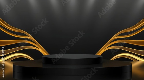 Black twotier platform stage with gold decorative elements under soft spotlight