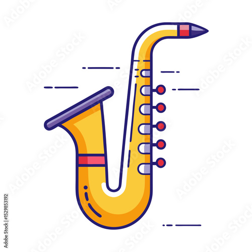 Cartoon illustration of a saxophone with outlined design and various colors