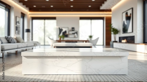 Bright living room interior features a white marble coffee table on a textured rug