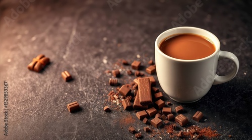 Chocolate drink in mug with chocolate pieces and cocoa dust on a dark textured surface