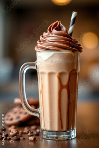 Chocolate milkshake in a glass mug topped with whipped cream and drizzled with caramel sits beside cookies and cocoa beans