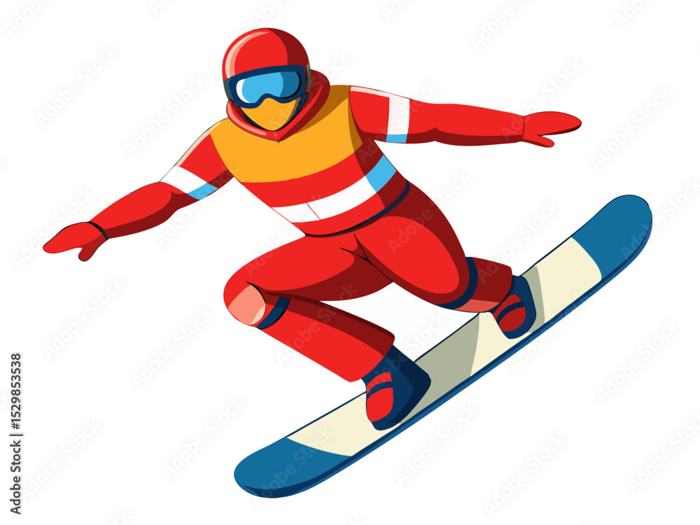Obraz premium A vibrant red snowboarder, clad in a matching helmet and goggles, executes a dynamic maneuver, isolated on white background