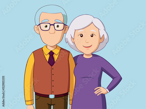 A charming elderly couple, he in a mustard yellow shirt and brown vest, she in a lavender dress, stand close together against a pale blue background