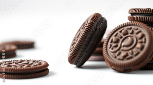 Closeup of stacked chocolate sandwich cookies with detailed designs