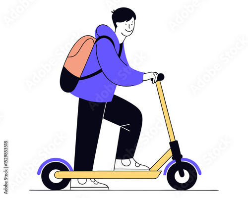 A cheerful young man with a peachcolored backpack glides effortlessly on his yellow scooter, isolated on white background