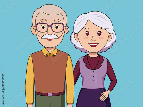 A charming elderly couple stands together, their smiles radiating warmth against a lightblue backdrop