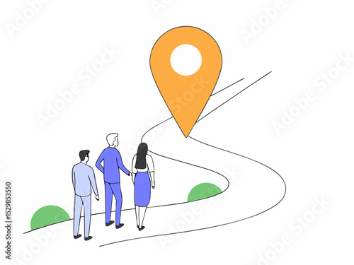 A team of three professionals follows a winding path toward a large orange location marker, isolated on white background