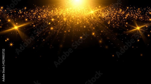 Golden light bursts from the top with cascading sparkles and stars against a dark blurry background