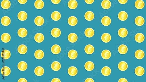 Gold coins with euro signs move in neat rows on a blue background. Animation of the money background.