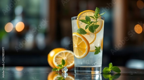 Lemon drink in glass with mint  lemon slices on a dark glossy surface blurry background