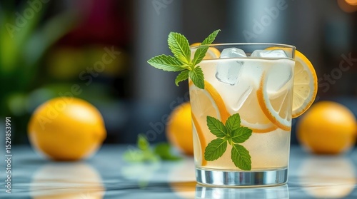 Lemonade in a glass with lemon slices ice cubes and mint leaves set against a blurry background with lemons