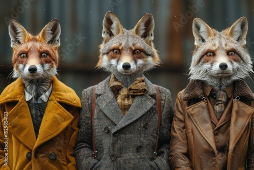 Three anthropomorphic foxes dressed in vintage-style clothing stand together, showcasing their unique fashion sense amidst a rustic backdrop and artistic expression.