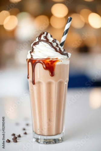Milkshake with whipped cream and chocolate drizzle in glass with striped straw