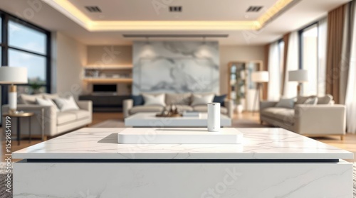 Modern living room with focus on white marble coffee table cylinder object atop