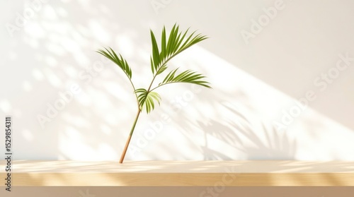 Palm frond on light wood shelf against a white wall with leafy shadows
