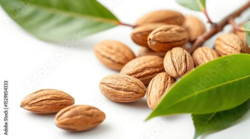 Pile of shelled almonds still attached to a leafy branch against a white backdrop